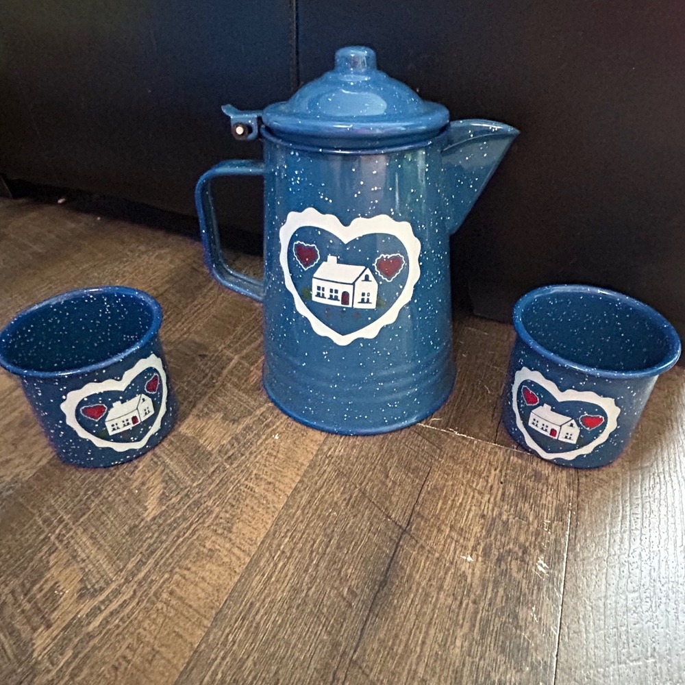 Vintage Blue Speckled Enamelware Coffee Pot and 2 Mug Set House Heart Folk Art